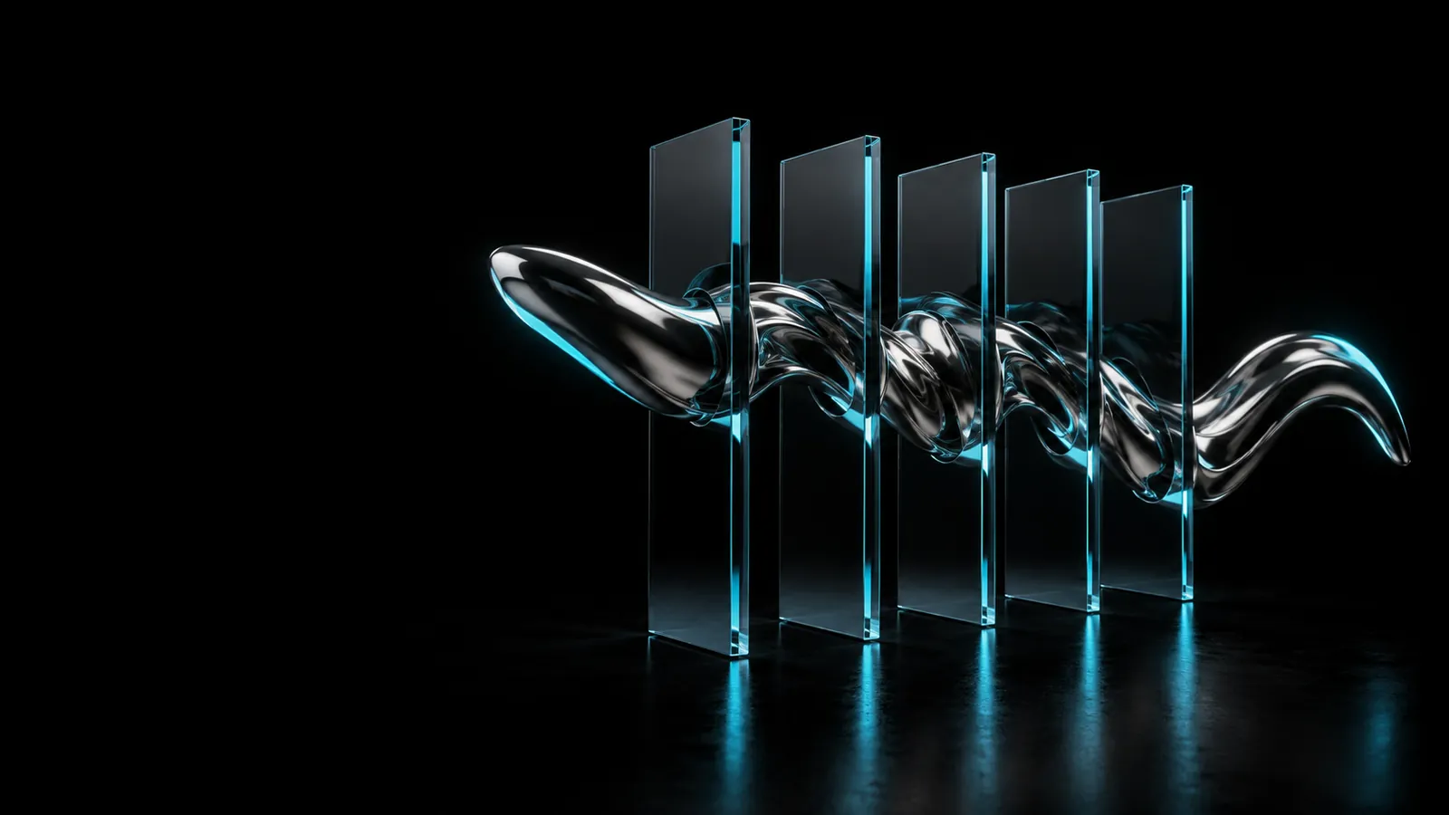 A chrome ribbon passing through five panes of smoked glass, for outbound B2B lead generation