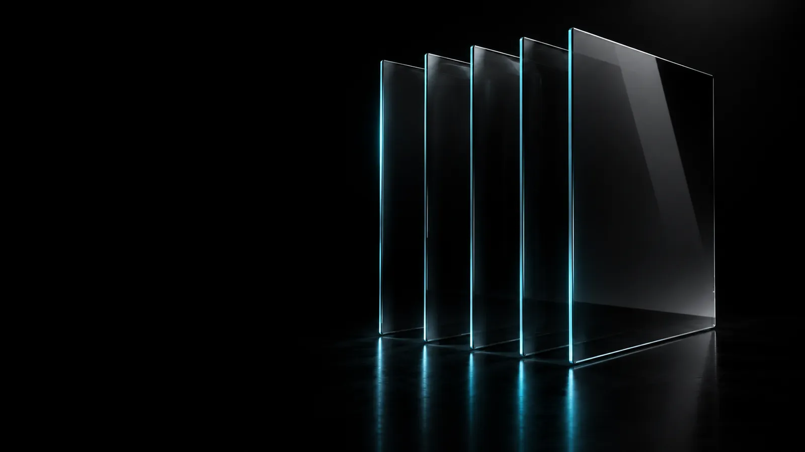 Layered panes of smoked glass with cyan edges, for brand and website work