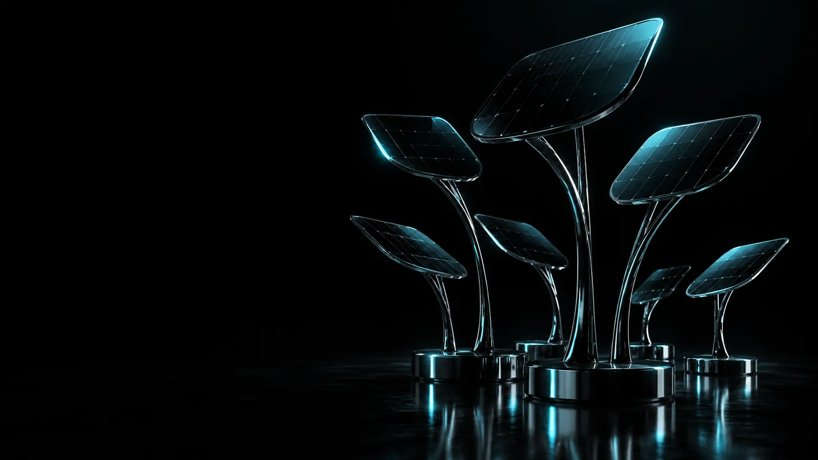 An array of black glass solar tiles on chrome stems, illustrating the commercial solar case study