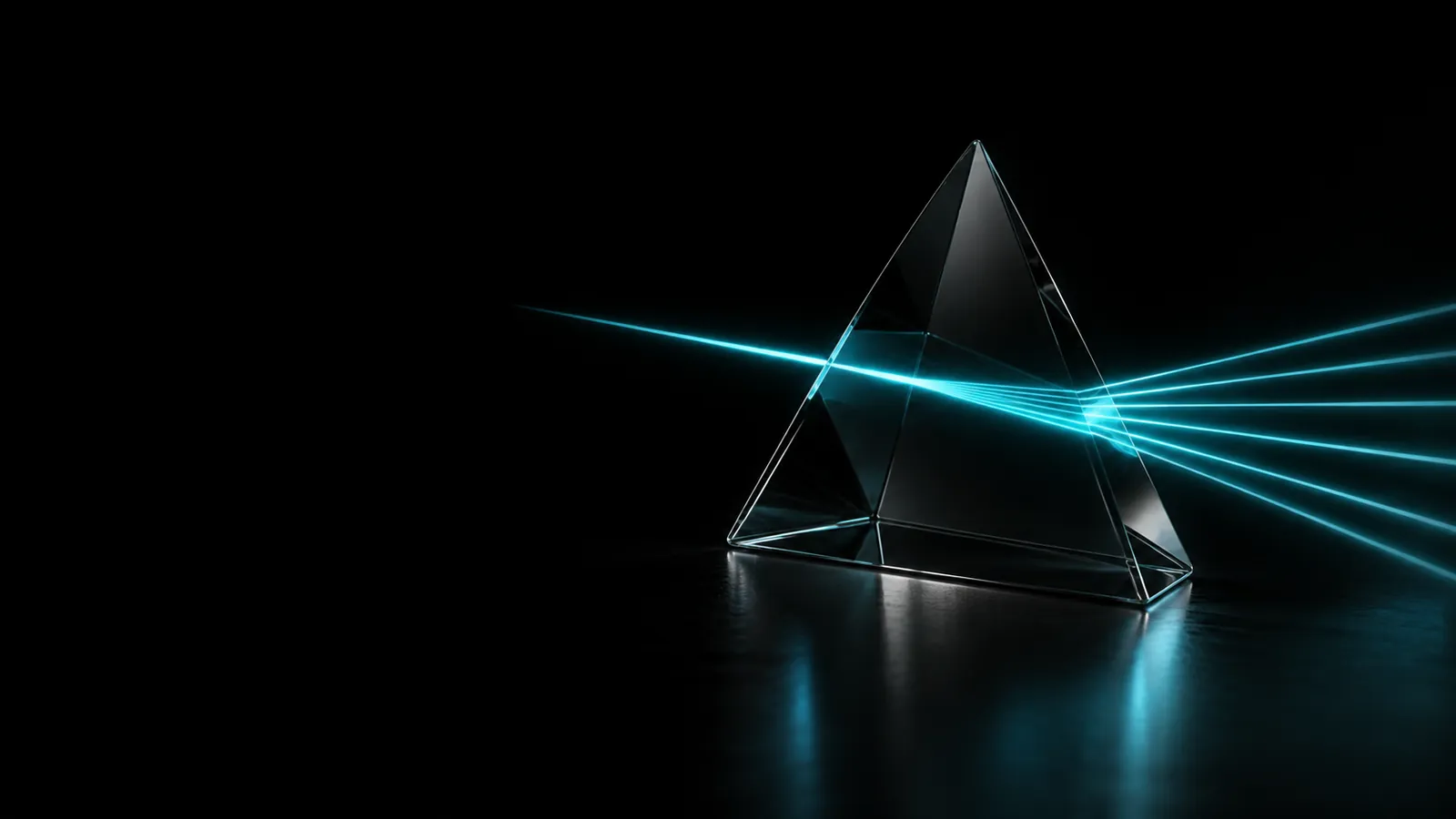 A black glass prism fanning a cyan beam into fine rays, for digital marketing