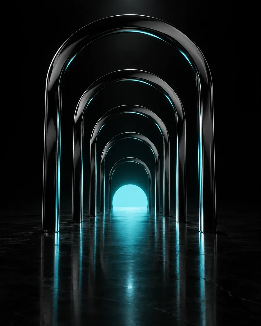 Five chrome arches receding towards a cyan light