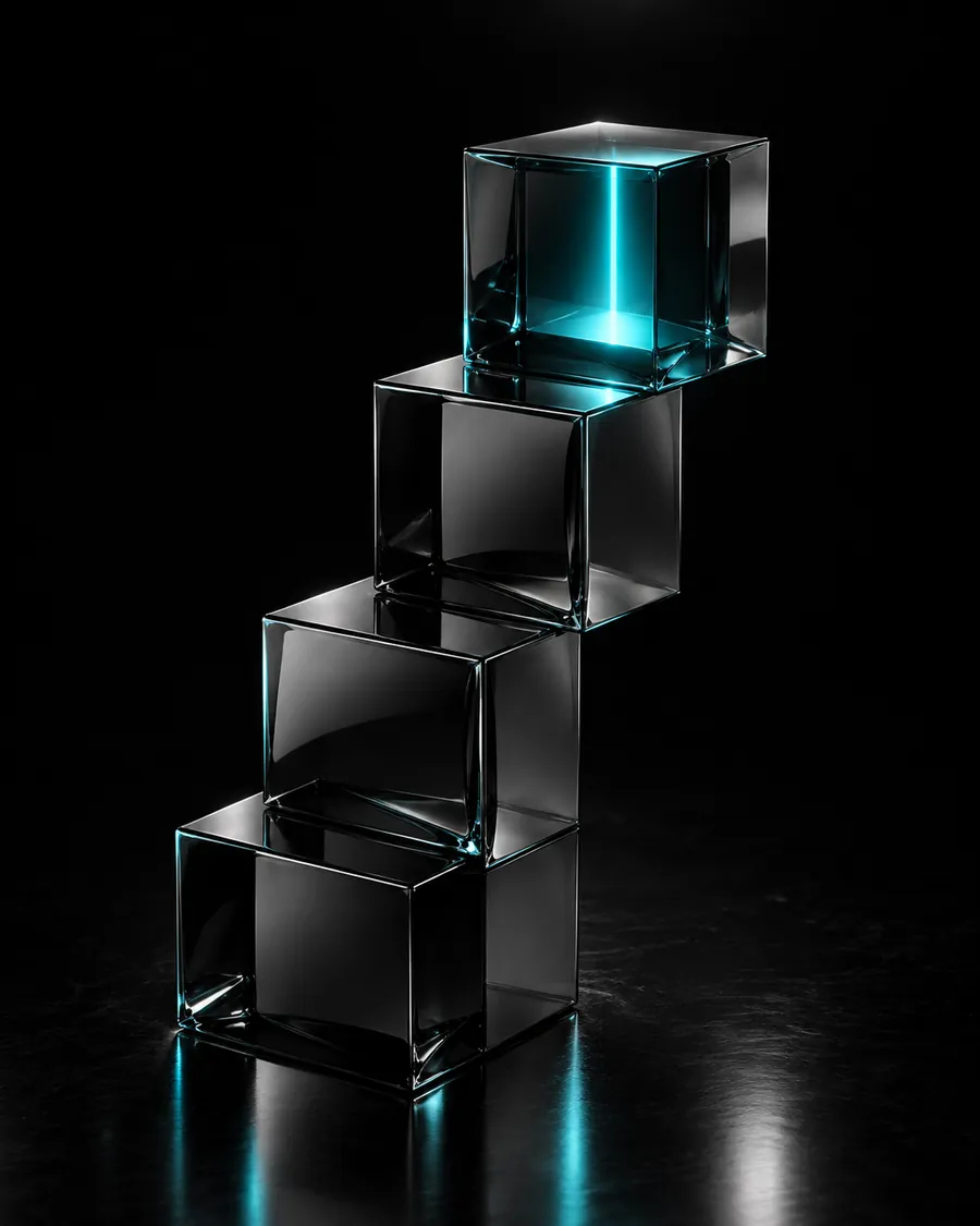 Smoked glass cubes rising like steps with cyan light in the top cube
