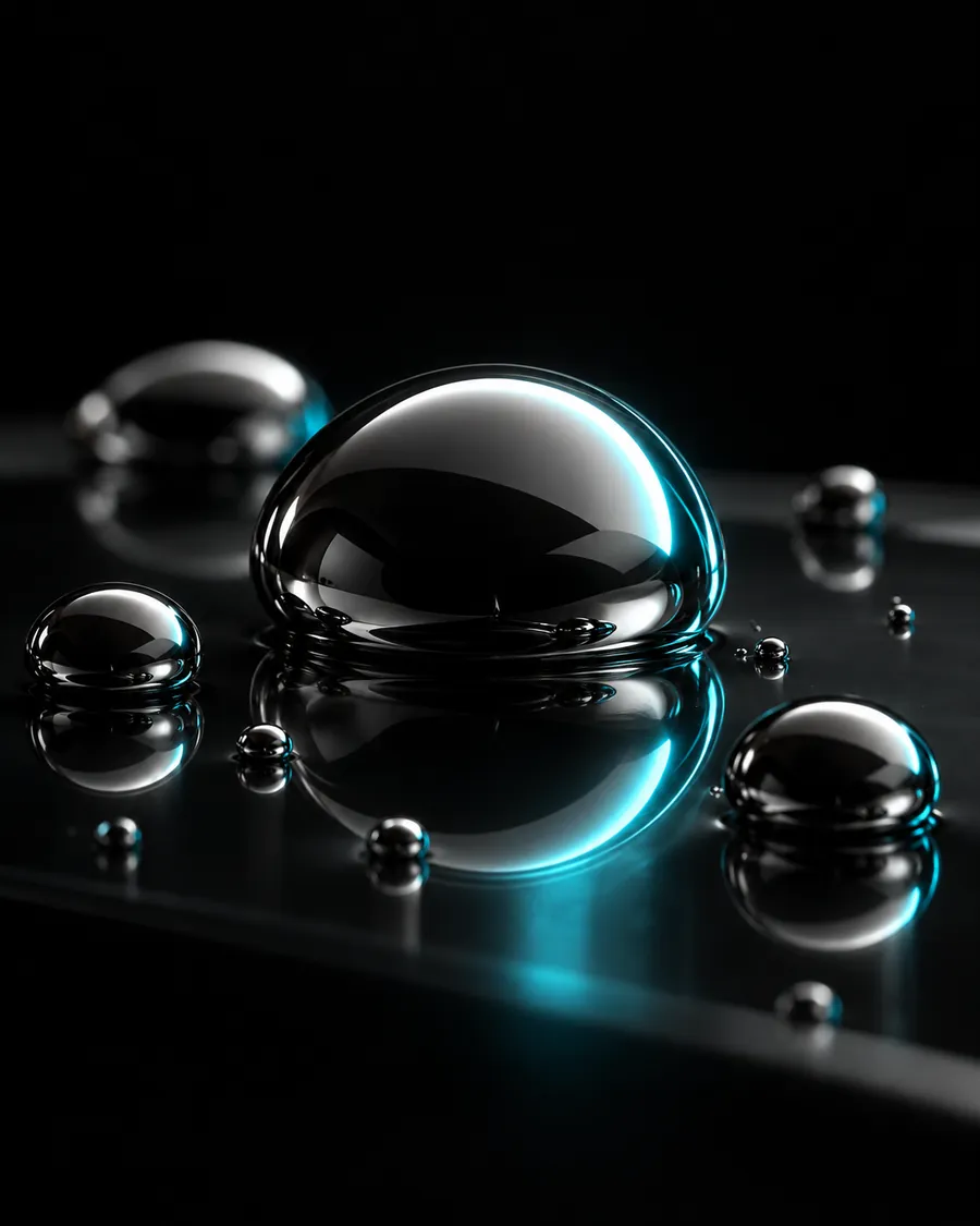 Liquid chrome droplets on smoked glass catching cyan light