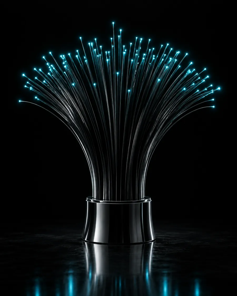 Black fibre-optic strands fanning out with glowing cyan tips