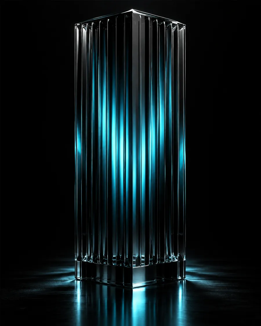 Fluted smoked glass block with cyan light refracting through it