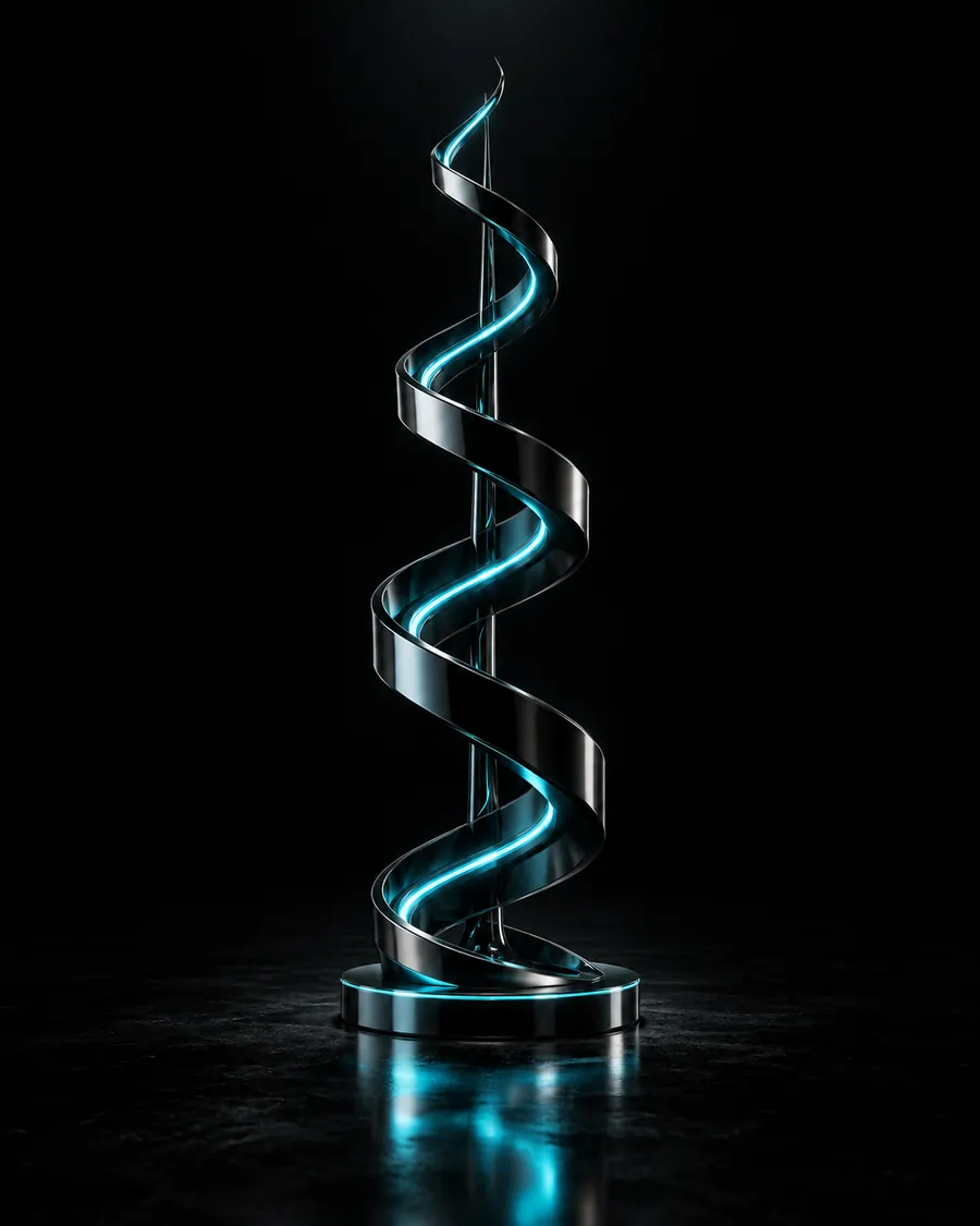A black chrome helix rising with cyan light along its edge