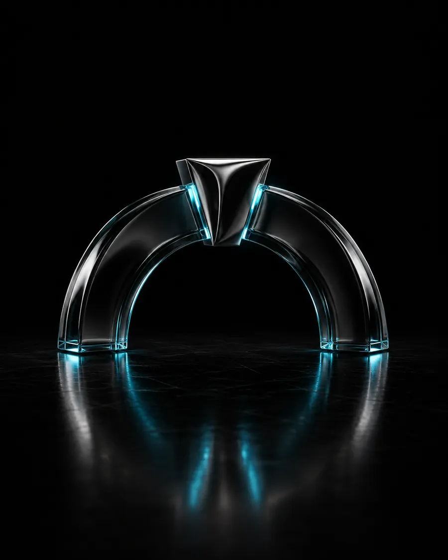 A chrome keystone locking two glass arches with cyan light at the joint