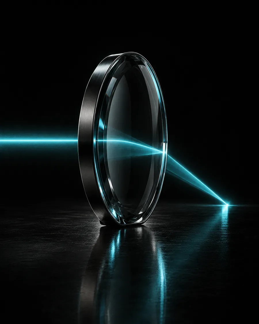 A smoked glass lens focusing a cyan beam