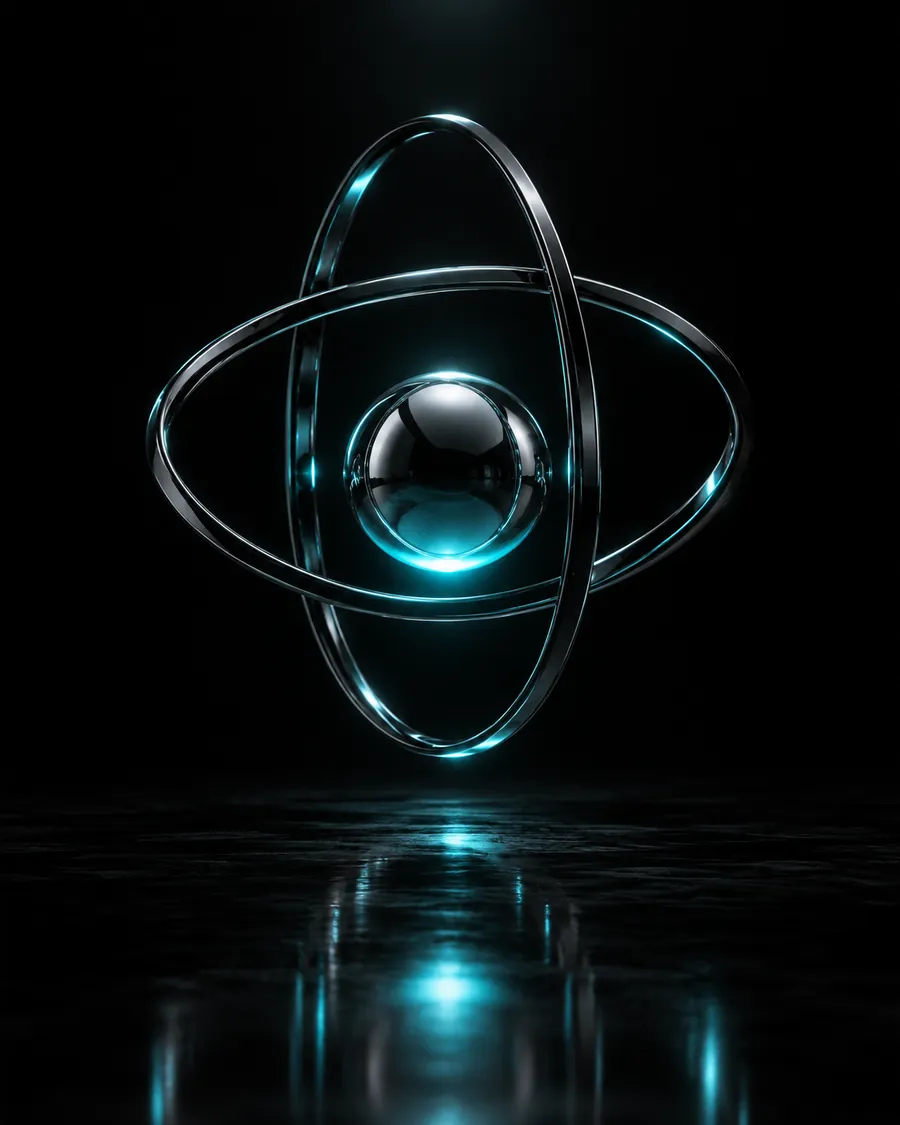 A chrome sphere inside three intersecting rings with a cyan glow