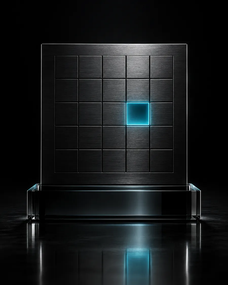 A brushed black metal grid panel with one cell lit cyan