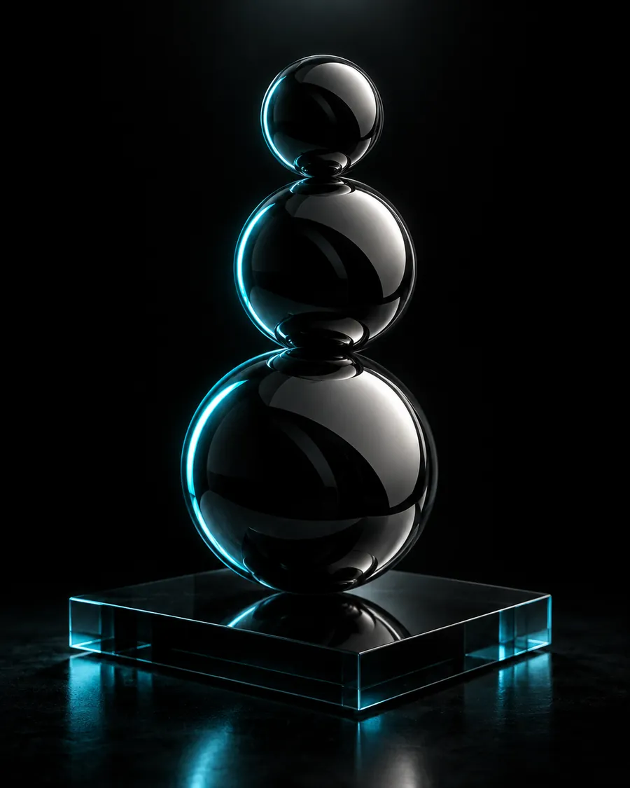 Three chrome spheres balanced on a black glass slab