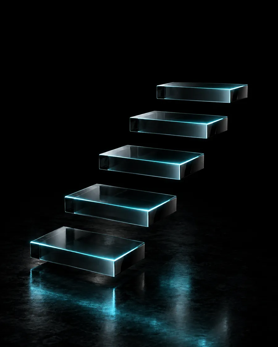 Five floating glass steps lit cyan along their edges
