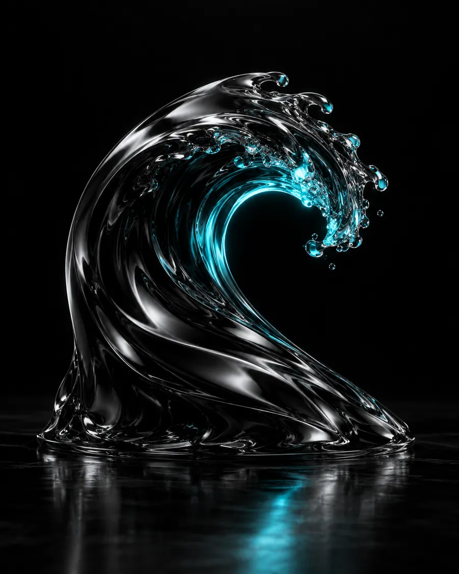 A black glass wave with cyan light in its crest